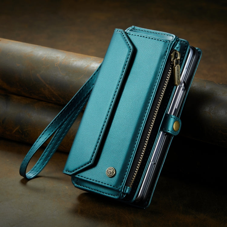 For Samsung Galaxy Z Fold5 CaseMe C36 Card Slots Zipper Wallet RFID Anti-theft Leather Phone Case(Blue-green)