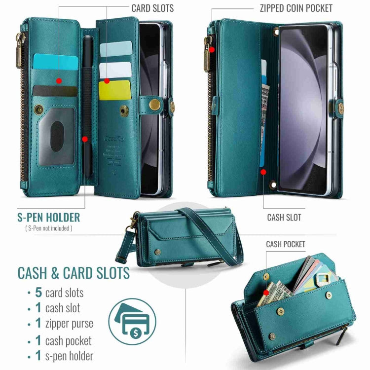 For Samsung Galaxy Z Fold5 CaseMe C36 Card Slots Zipper Wallet RFID Anti-theft Leather Phone Case(Blue-green)