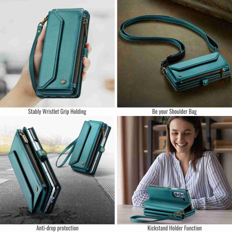 For Samsung Galaxy Z Fold5 CaseMe C36 Card Slots Zipper Wallet RFID Anti-theft Leather Phone Case(Blue-green)