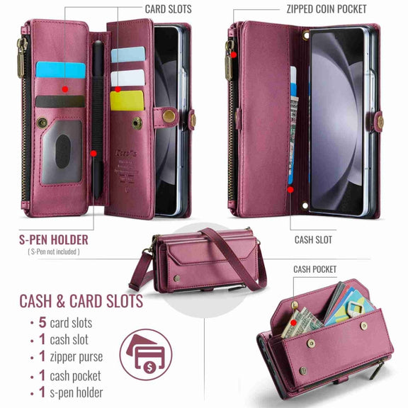 For Samsung Galaxy Z Fold5 CaseMe C36 Card Slots Zipper Wallet RFID Anti-theft Leather Phone Case(Wine Red)