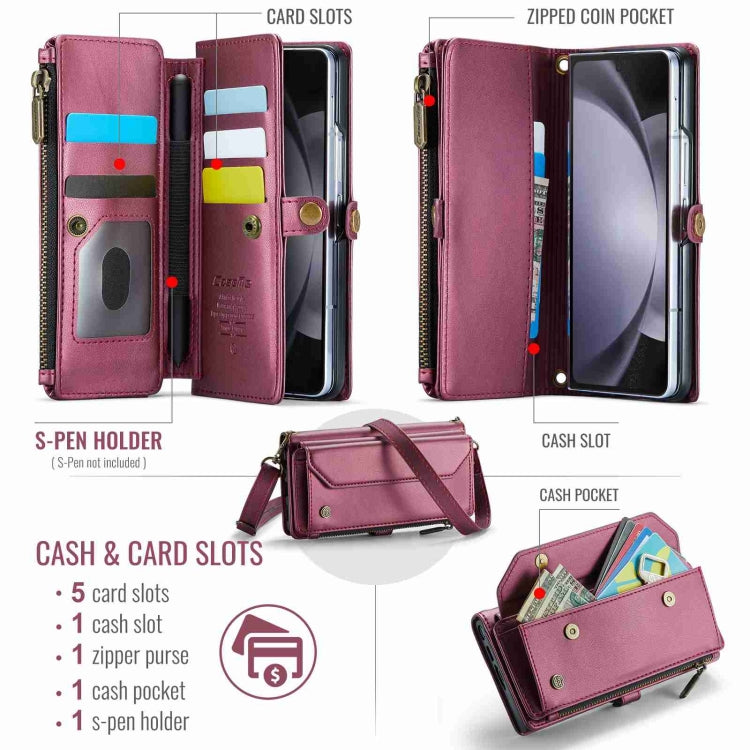 For Samsung Galaxy Z Fold5 CaseMe C36 Card Slots Zipper Wallet RFID Anti-theft Leather Phone Case(Wine Red)