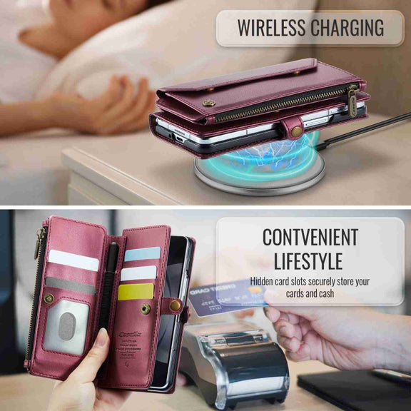 For Samsung Galaxy Z Fold5 CaseMe C36 Card Slots Zipper Wallet RFID Anti-theft Leather Phone Case(Wine Red)