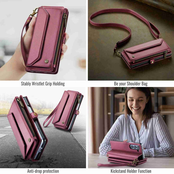 For Samsung Galaxy Z Fold5 CaseMe C36 Card Slots Zipper Wallet RFID Anti-theft Leather Phone Case(Wine Red)