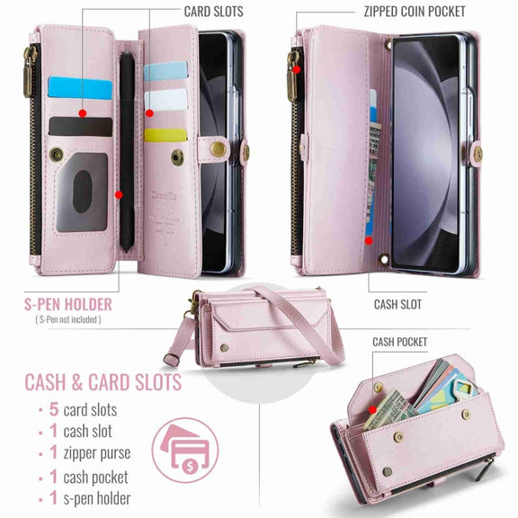 For Samsung Galaxy Z Fold5 CaseMe C36 Card Slots Zipper Wallet RFID Anti-theft Leather Phone Case(Pink)