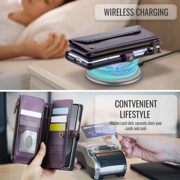 For Samsung Galaxy Z Fold6 5G CaseMe C36 Card Slots Zipper Wallet RFID Anti-theft Leather Phone Case(Purple)