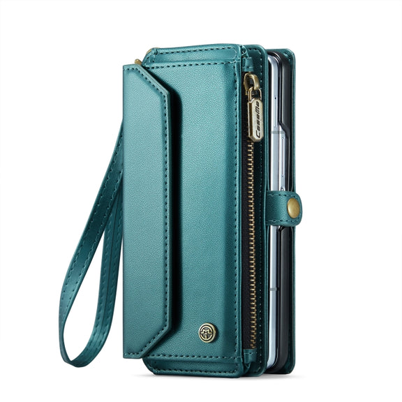 For Samsung Galaxy Z Fold6 5G CaseMe C36 Card Slots Zipper Wallet RFID Anti-theft Leather Phone Case(Blue-green)
