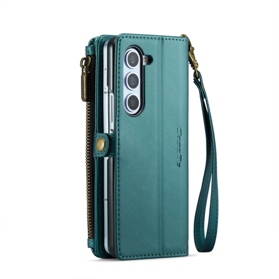 For Samsung Galaxy Z Fold6 5G CaseMe C36 Card Slots Zipper Wallet RFID Anti-theft Leather Phone Case(Blue-green)