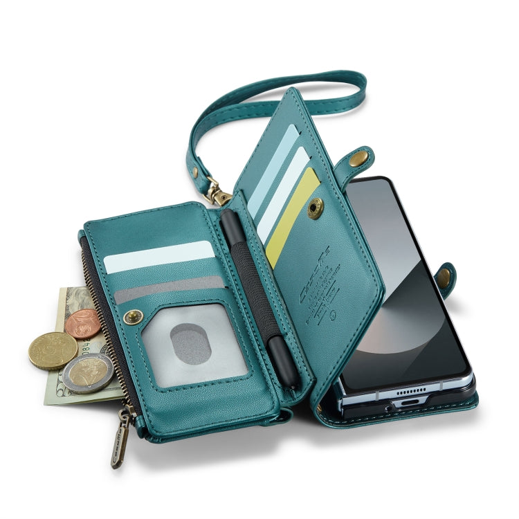 For Samsung Galaxy Z Fold6 5G CaseMe C36 Card Slots Zipper Wallet RFID Anti-theft Leather Phone Case(Blue-green)