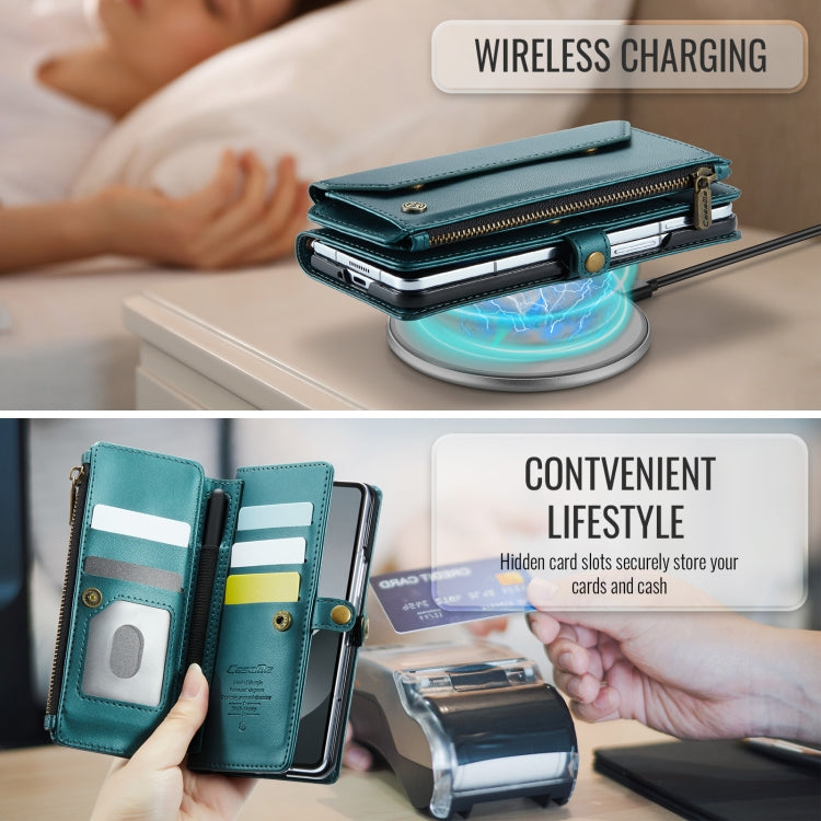 For Samsung Galaxy Z Fold6 5G CaseMe C36 Card Slots Zipper Wallet RFID Anti-theft Leather Phone Case(Blue-green)