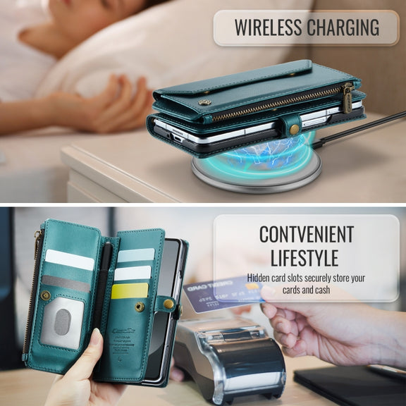 For Samsung Galaxy Z Fold6 5G CaseMe C36 Card Slots Zipper Wallet RFID Anti-theft Leather Phone Case(Blue-green)