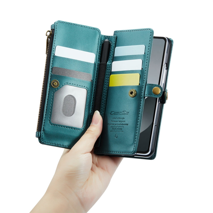 For Samsung Galaxy Z Fold6 5G CaseMe C36 Card Slots Zipper Wallet RFID Anti-theft Leather Phone Case(Blue-green)