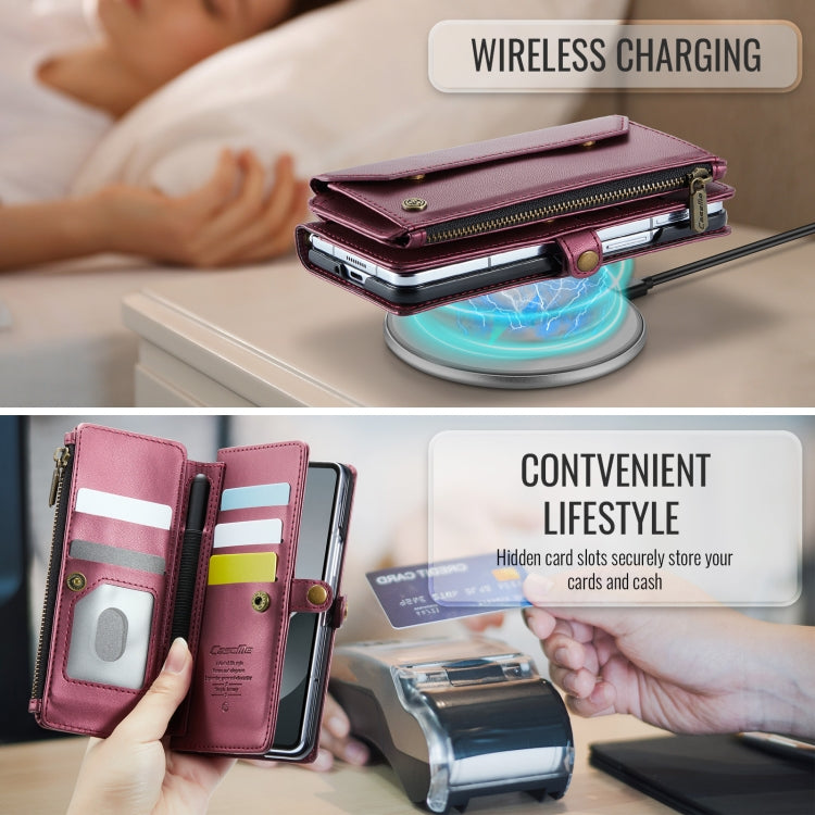 For Samsung Galaxy Z Fold6 5G CaseMe C36 Card Slots Zipper Wallet RFID Anti-theft Leather Phone Case(Wine Red)