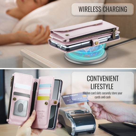 For Samsung Galaxy Z Fold6 5G CaseMe C36 Card Slots Zipper Wallet RFID Anti-theft Leather Phone Case(Pink)
