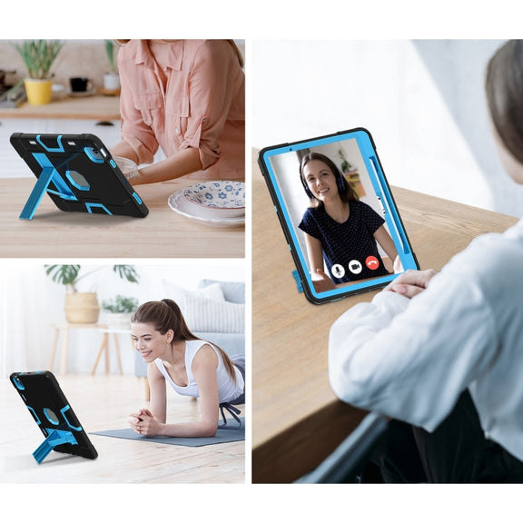 For iPad Air 11 2025 / 2024 Contrast Color Silicone Acrylic PC Tablet Case with Holder(Black Blue)
