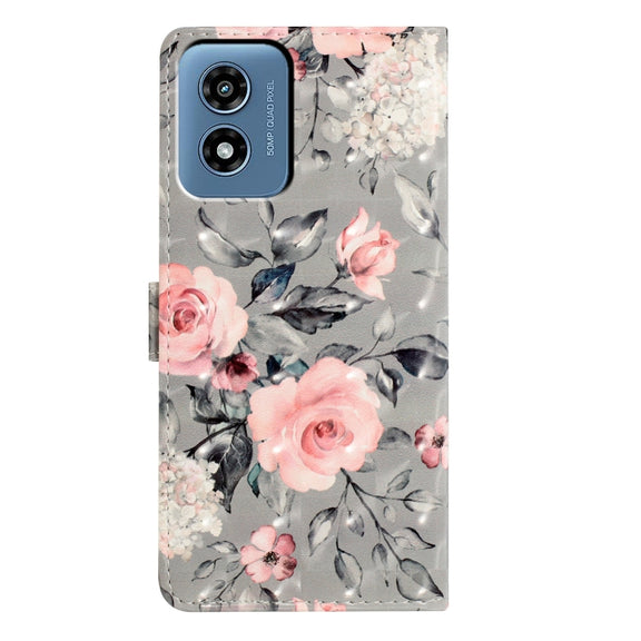 For Motorola Moto G Play 2024 3D Pattern Leather Phone Case(Gray Base Flower)