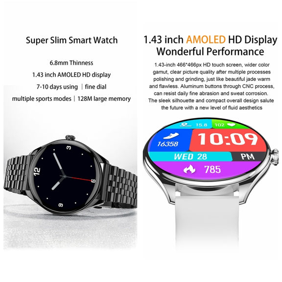 MT55 1.43 inch AMOLED HD Screen Ultra-thin Smart Call Health Watch, Silicone Strap(Silver Grey)