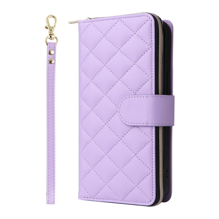 For iPhone 16 Pro Max Crossbody Rhombic Zipper Tower Buckle Leather Phone Case with Lanyard(Purple)