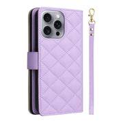 For iPhone 16 Pro Max Crossbody Rhombic Zipper Tower Buckle Leather Phone Case with Lanyard(Purple)