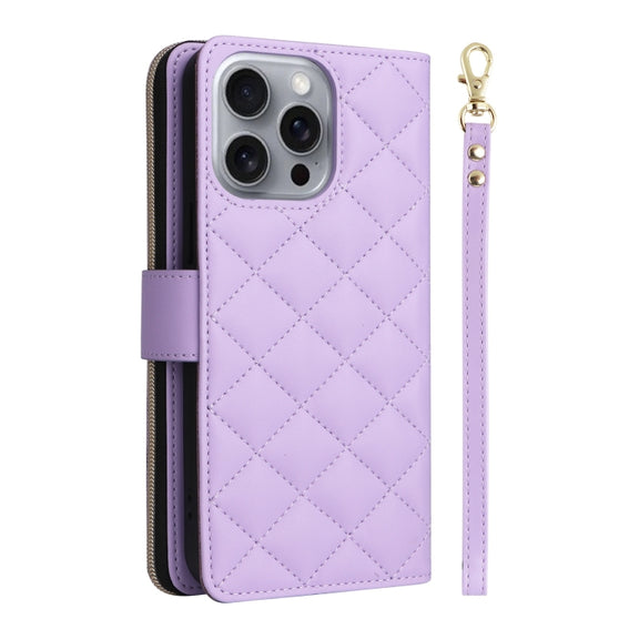 For iPhone 16 Pro Max Crossbody Rhombic Zipper Tower Buckle Leather Phone Case with Lanyard(Purple)