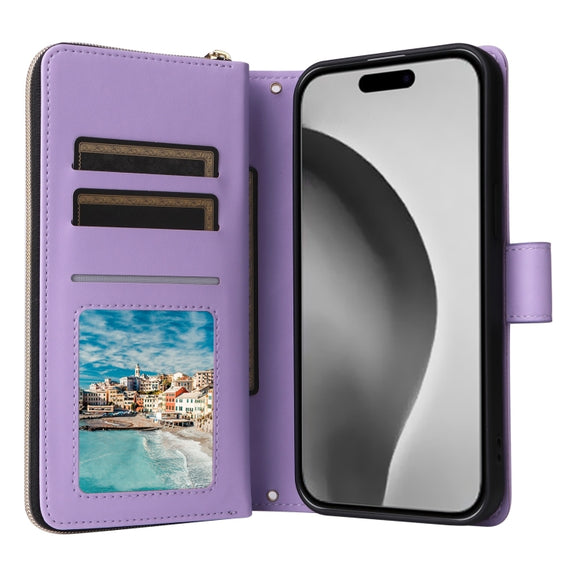 For iPhone 16 Pro Max Crossbody Rhombic Zipper Tower Buckle Leather Phone Case with Lanyard(Purple)