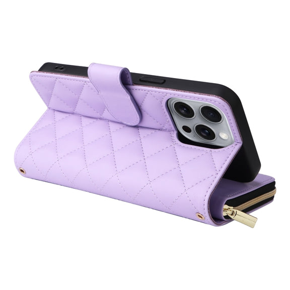 For iPhone 16 Pro Max Crossbody Rhombic Zipper Tower Buckle Leather Phone Case with Lanyard(Purple)
