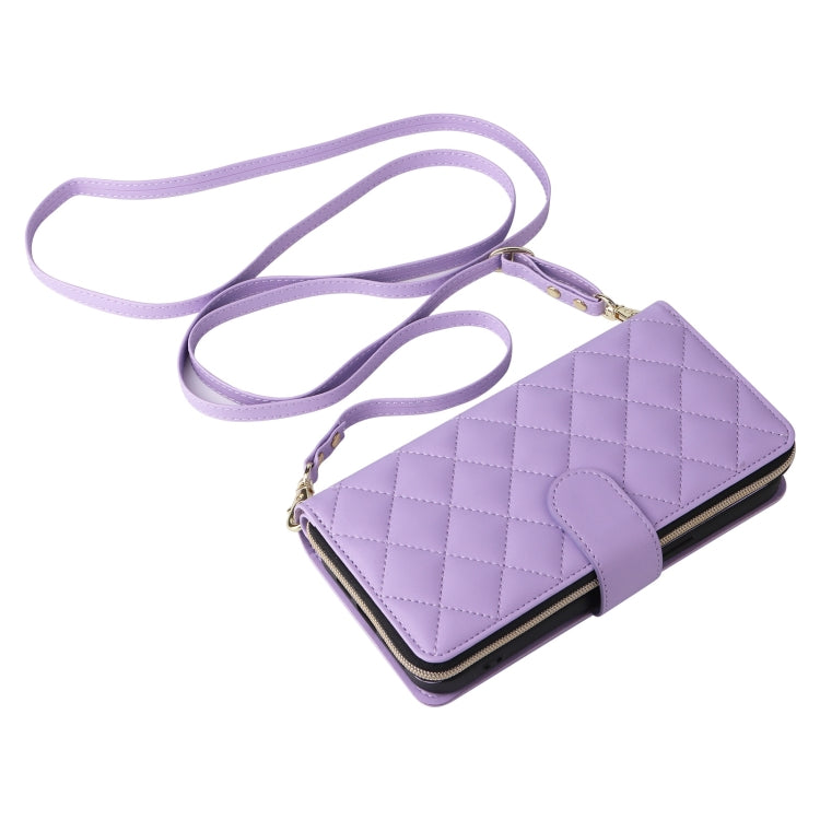 For iPhone 16 Pro Max Crossbody Rhombic Zipper Tower Buckle Leather Phone Case with Lanyard(Purple)