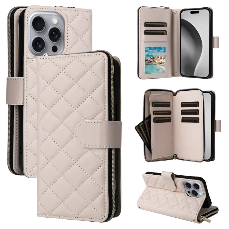 For iPhone 16 Pro Max Crossbody Rhombic Zipper Tower Buckle Leather Phone Case with Lanyard(Beige) - iPhone 16 Pro Max Cases by PMC TechLife | Online Shopping South Africa | PMC TechLife | Buy Now Pay Later Mobicred