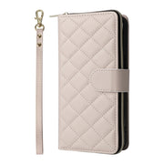 For iPhone 16 Pro Max Crossbody Rhombic Zipper Tower Buckle Leather Phone Case with Lanyard(Beige)