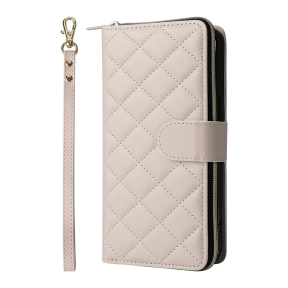 For iPhone 16 Pro Max Crossbody Rhombic Zipper Tower Buckle Leather Phone Case with Lanyard(Beige)