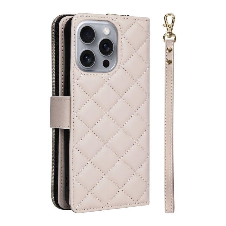 For iPhone 16 Pro Max Crossbody Rhombic Zipper Tower Buckle Leather Phone Case with Lanyard(Beige)
