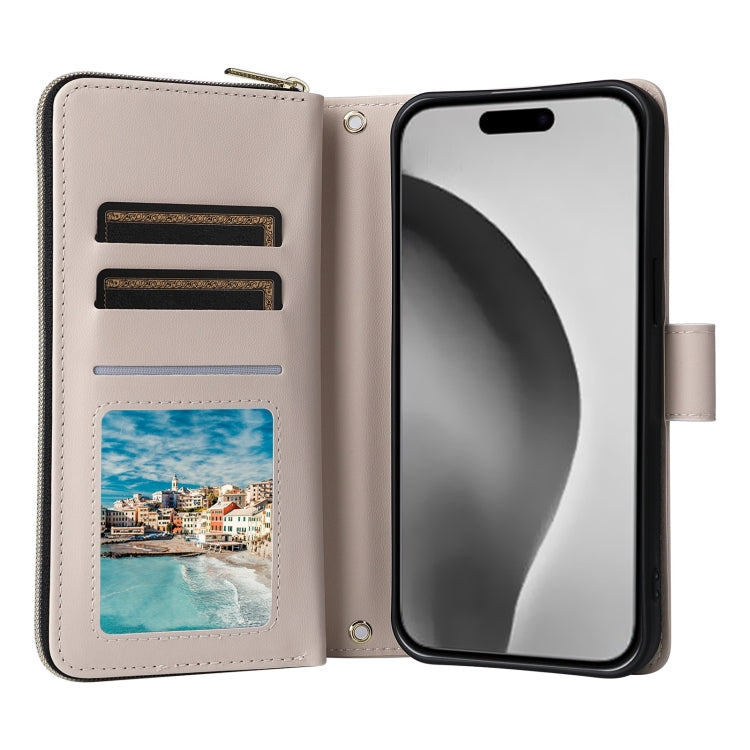 For iPhone 16 Pro Max Crossbody Rhombic Zipper Tower Buckle Leather Phone Case with Lanyard(Beige)