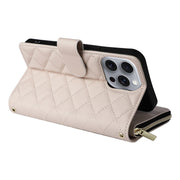 For iPhone 16 Pro Max Crossbody Rhombic Zipper Tower Buckle Leather Phone Case with Lanyard(Beige)