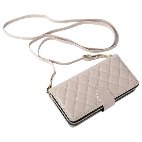 For iPhone 16 Pro Max Crossbody Rhombic Zipper Tower Buckle Leather Phone Case with Lanyard(Beige)