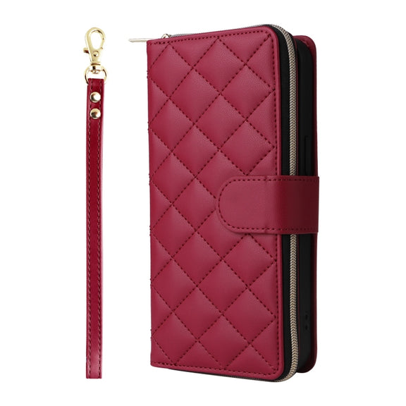 For iPhone 16 Pro Max Crossbody Rhombic Zipper Tower Buckle Leather Phone Case with Lanyard(Wine Red)