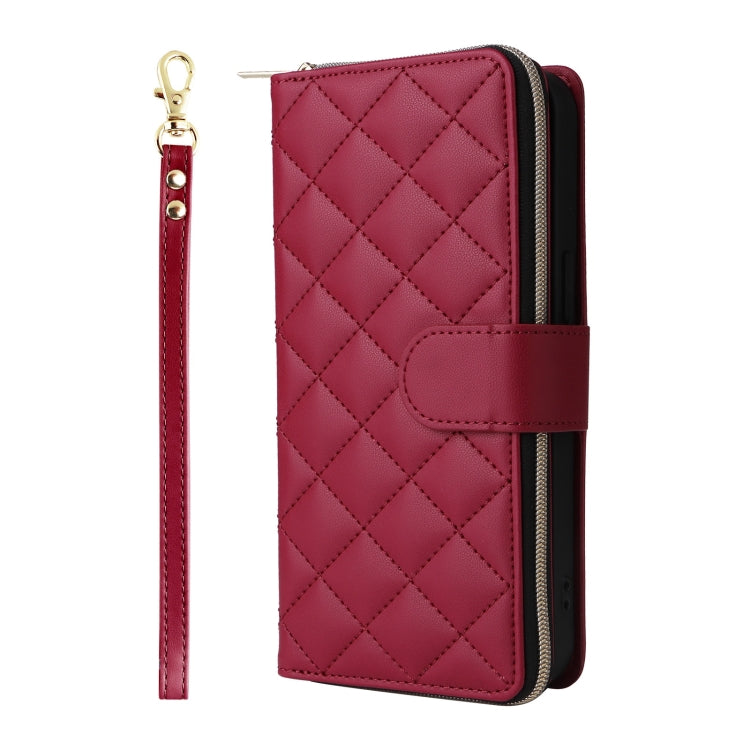 For iPhone 16 Pro Max Crossbody Rhombic Zipper Tower Buckle Leather Phone Case with Lanyard(Wine Red)