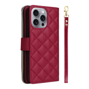 For iPhone 16 Pro Max Crossbody Rhombic Zipper Tower Buckle Leather Phone Case with Lanyard(Wine Red)