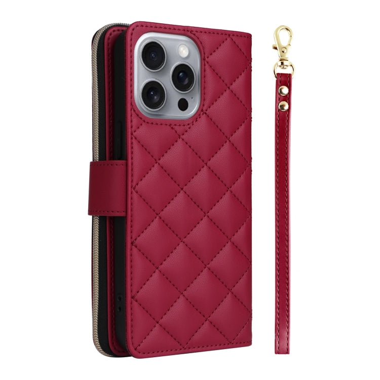 For iPhone 16 Pro Max Crossbody Rhombic Zipper Tower Buckle Leather Phone Case with Lanyard(Wine Red)