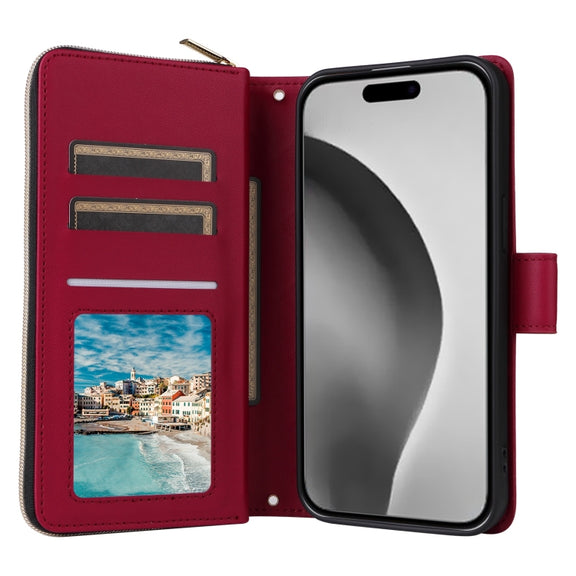 For iPhone 16 Pro Max Crossbody Rhombic Zipper Tower Buckle Leather Phone Case with Lanyard(Wine Red)