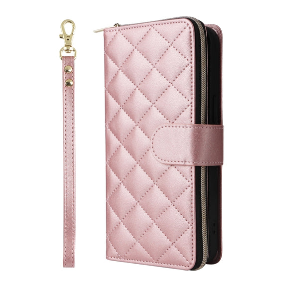 For iPhone 16 Pro Max Crossbody Rhombic Zipper Tower Buckle Leather Phone Case with Lanyard(Rose Gold)