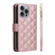 For iPhone 16 Pro Max Crossbody Rhombic Zipper Tower Buckle Leather Phone Case with Lanyard(Rose Gold)