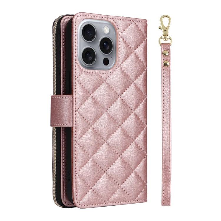 For iPhone 16 Pro Max Crossbody Rhombic Zipper Tower Buckle Leather Phone Case with Lanyard(Rose Gold)