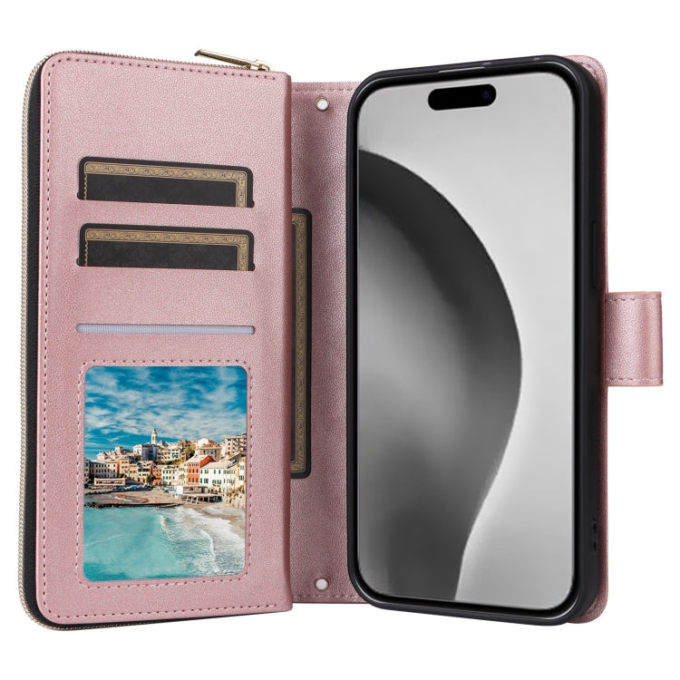 For iPhone 16 Pro Max Crossbody Rhombic Zipper Tower Buckle Leather Phone Case with Lanyard(Rose Gold)