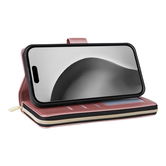 For iPhone 16 Pro Max Crossbody Rhombic Zipper Tower Buckle Leather Phone Case with Lanyard(Rose Gold)