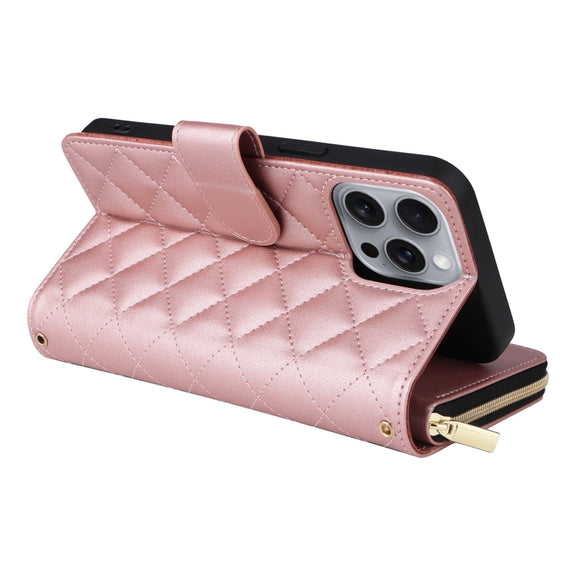 For iPhone 16 Pro Max Crossbody Rhombic Zipper Tower Buckle Leather Phone Case with Lanyard(Rose Gold)