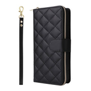 For iPhone 16 Pro Max Crossbody Rhombic Zipper Tower Buckle Leather Phone Case with Lanyard(Black)