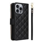 For iPhone 16 Pro Max Crossbody Rhombic Zipper Tower Buckle Leather Phone Case with Lanyard(Black)