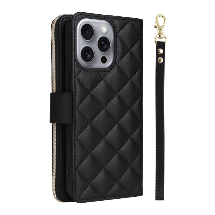 For iPhone 16 Pro Max Crossbody Rhombic Zipper Tower Buckle Leather Phone Case with Lanyard(Black)