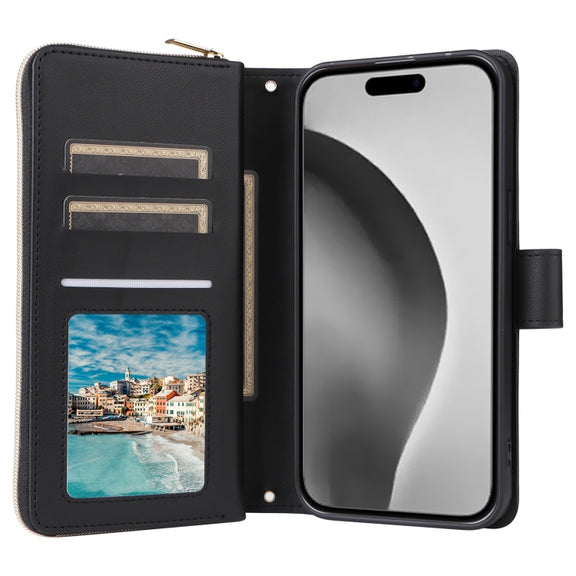 For iPhone 16 Pro Max Crossbody Rhombic Zipper Tower Buckle Leather Phone Case with Lanyard(Black)