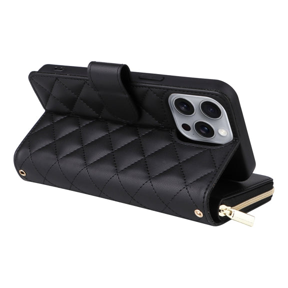 For iPhone 16 Pro Max Crossbody Rhombic Zipper Tower Buckle Leather Phone Case with Lanyard(Black)
