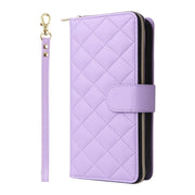 For iPhone 16 Pro Crossbody Rhombic Zipper Tower Buckle Leather Phone Case with Lanyard(Purple)